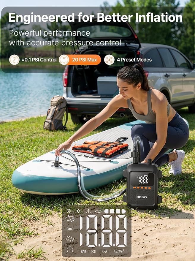 OGERY Paddle Board Electric Pump, 3X Faster Inflation & Deflation, Dual Power SUP Pump with Smart Auto-Off, Up to 20 PSI, Digital Pressure Display, 7 Nozzles for SUP Kayaks Tents Air Mattresses Boats