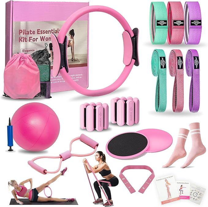 DICYWUDI Pilates Essentials Kit for Home Women, Pilates Equipment for Workouts, 6 Fabric Resistance Bands, 12 Inch Magic Circle Yoga Ring, Mini Exercise Ball, Great Exercise Equipment
