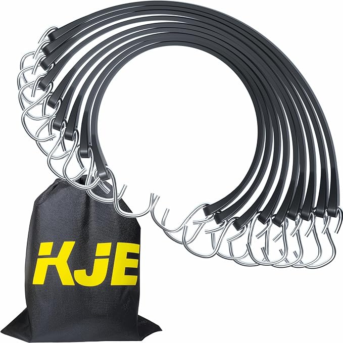 KJE 50Pack 21" Rubber Bungee Cords with S Hooks - Quality EPDM, Heavy Duty Black Bungee Straps, Ideal for Outdoor Tie Downs, Securing Tarps, Canvases, Cargo in Cold Hot Climates