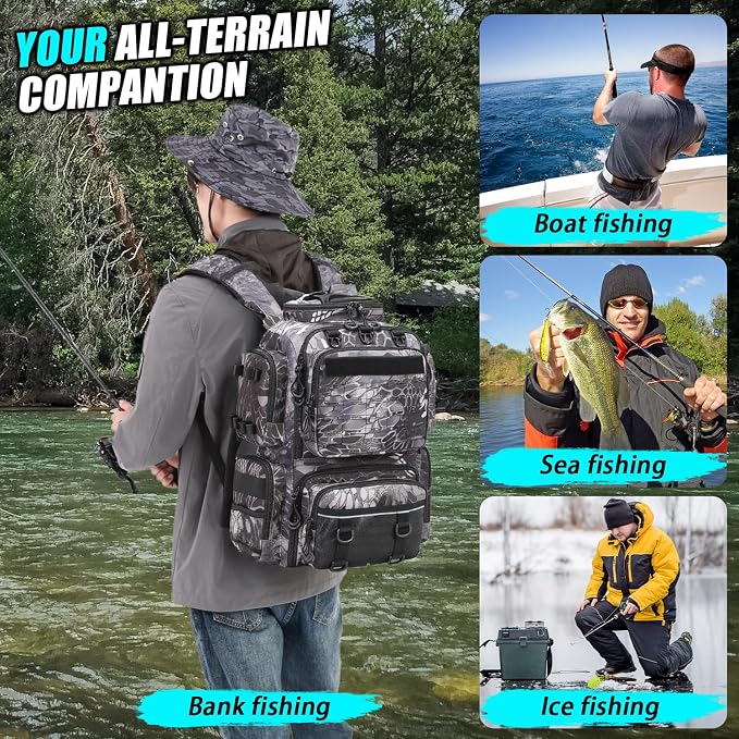 Tactical Fishing Backpack with Tackle Boxes, Rod Holders & Bottle Holder, 50 L Large Tackle Box Backpack with Cooler, Fishing Tackle Bag Store Gear & Equipment, 900 D Oxford, Camouflage Black