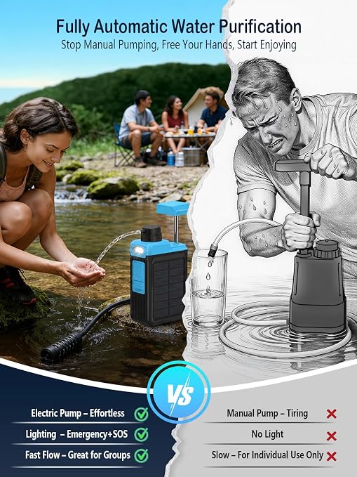BKLES 3-in-1 Solar Electric Water Filter with Hand Pump - Camping Water Filtration System Survival, Portable Water Purifier with Emergency Light, Survival Kit for Backpacking, Gifts for Father's Day