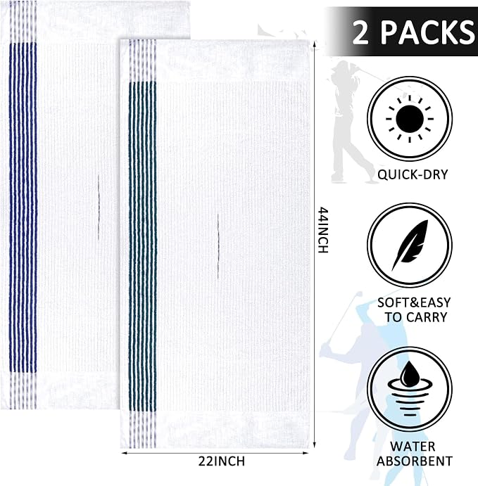 Vabean 2 Pcs 22 x 44 Large Golf Towel Caddie Style Center Cut Caddy Hanging Fast Drying Golf Club Cotton and Polyester Blend Camping Towels(White-Green, White-Blue)