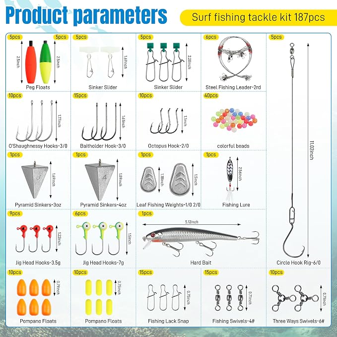 Surf Fishing Tackle Kit,187pcs Saltwater Fishing Gear Catfish Rig Pompano Rigs Fish Finder Rig Hard Bait Lures Circle Hook Sinker Leader Weights Barrel Swivel Duo Lock Snaps Ocean Tackle Accessories