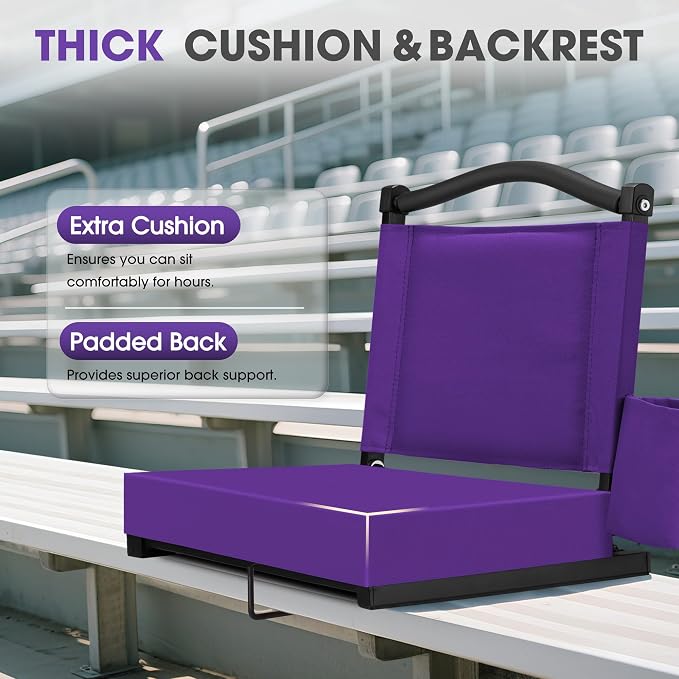 Fragess Bleacher seat, Stadium Seats with Back Support and Thick Cushion, Bleacher Chairs with Shoulder Strap and Side Pocket, Stadium Seat for Bleachers, Perfect for Sports Events(Purple)