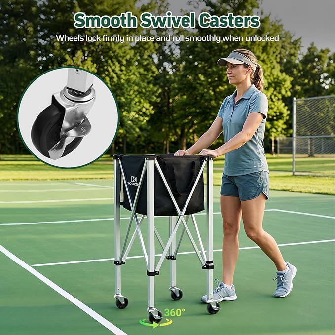 YooKoo Pickleball Basket with Lockable Wheels, Collapsible Pickleball Hopper Holds Up to 100 Balls, Sports Equipment Organizer Suitable for Ball Court, School, Garage