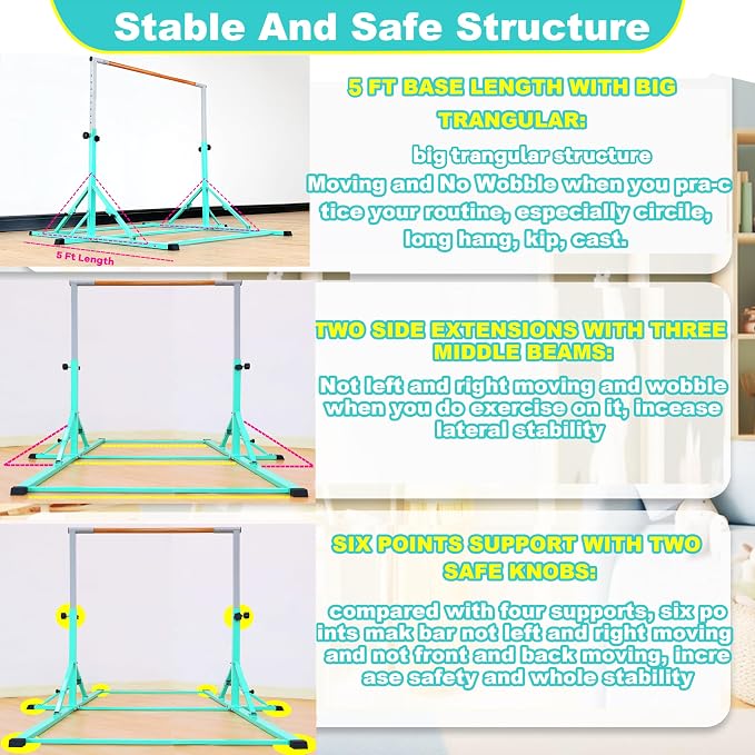 Marfula Gymnastic Bar For Kid and Teenage of 3-25, 5Ft/8 FT Base Length 4Ft Width 5Ft Adjust Height, Gymnastic Kip Bar For Gymnast, Gymnastic Training Equipment For Professional Training Home Club Use