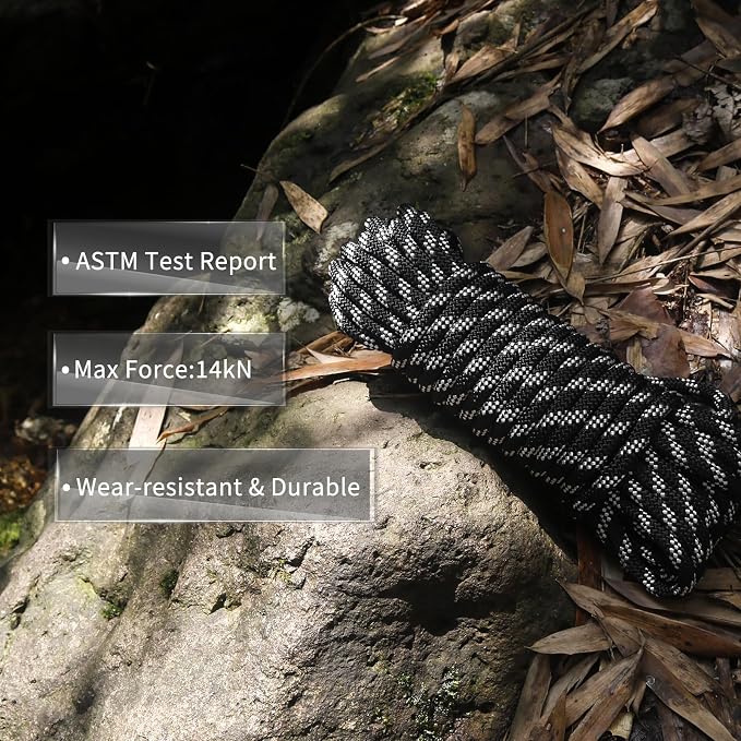 NewDoar Static Climbing Rope - 8mm (5/16c) / 10mm (3/8”) Double Braid Accessory Cord for Rock,Hauling, Prusik, Survival - Pre-Cut 20FT, 50FT, 100FT, 165FT Lengths - Outdoor, Fire Rescue Equipment