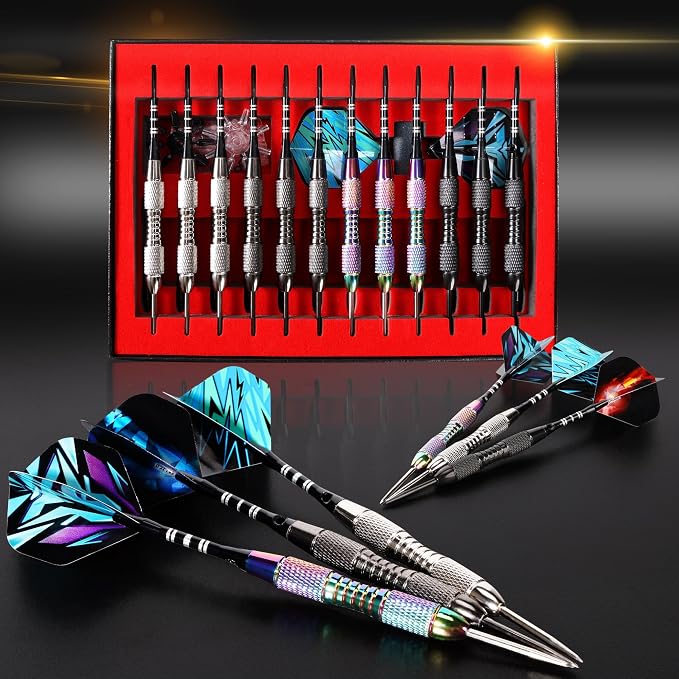WINSDART Steel Tip Darts 12 Pack Set with Nonslip Iron Barrel Aluminum Dart Shafts and Flights Darts Sharpener an Gift Box