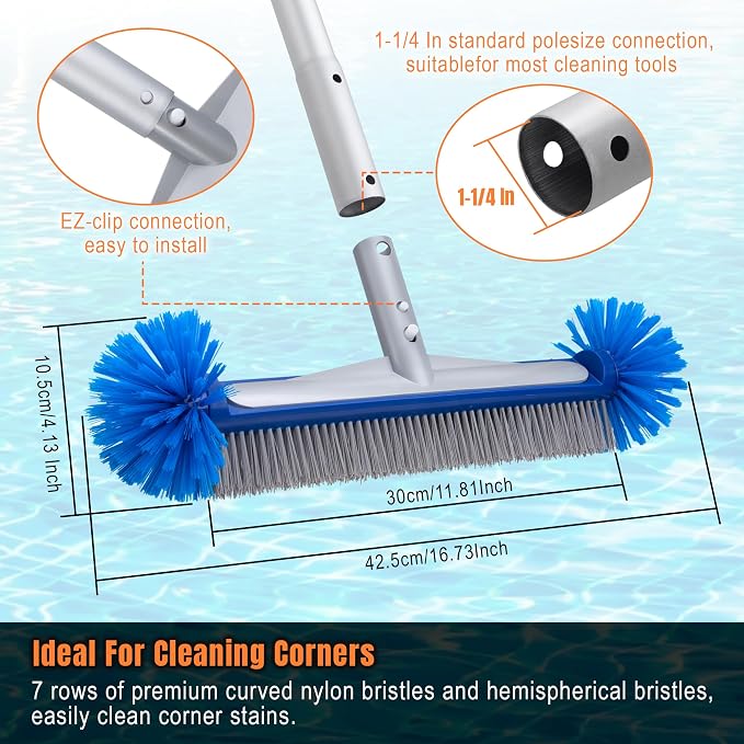 Pool Cleaning Kit, Aluminum Skimmer Net with 7.5Ft Telescoping Pole & 17.5” Brush Head, Heavy Duty Pool Maintenance Set for Inground Above Ground Swimming Pools, Easily Remove Leaves, Debris