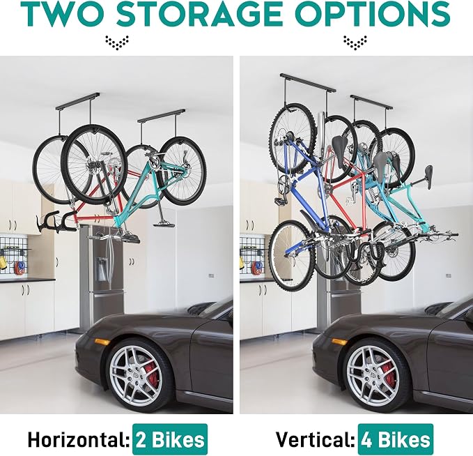EVERHANGER Ceiling Mounted Bike Racks for Garage, Indoor Bike Storage Hanger with Adjustable Cycling Hooks for 2 to 4 Bikes, Holds up to 260lbs