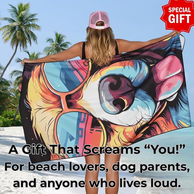 Microfiber Funny Happy Dog in Sunglasses Colorful Beach Towel for Women, Girls, Kids, Men, Plush Beach Towel, Quick Dry Pool Towel Super Soft, Oversized 31x62 Inches