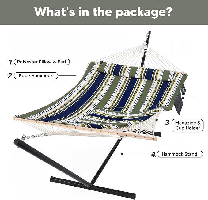 SUNCREAT Hammocks Double Outdoor Hammock with Stand, Cotton Rope Two Person Hammock with Polyester Pad & Large Pillow, Carrying Bag, Blue& Gray