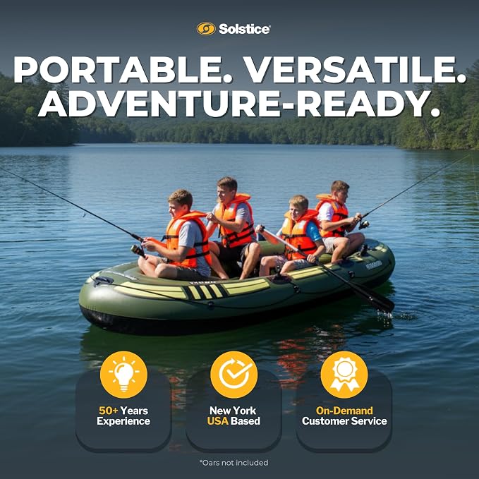 SOLSTICE Inflatable Boat for Lakes, Rivers & Beaches – Heavy-Duty Raft with Swivel Oar Locks, Rod Holders & Inflatable Seats – Outdoorsman, Fishing, 6-Person, Green, 12'
