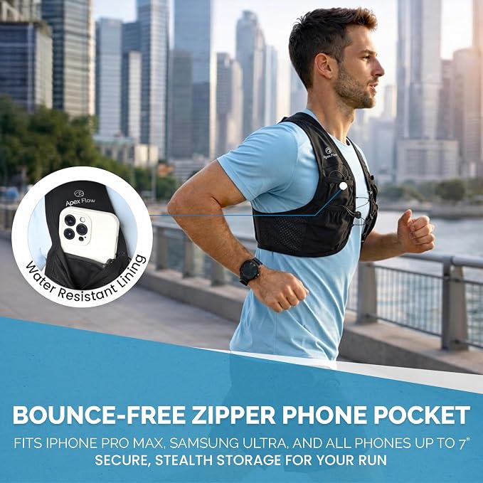 Apex Flow Running Vest for Men & Women, Adjustable Chest Straps, 9 Pockets Lightweight Reflective Hydration Vest with 500ml Soft Flask for Marathon