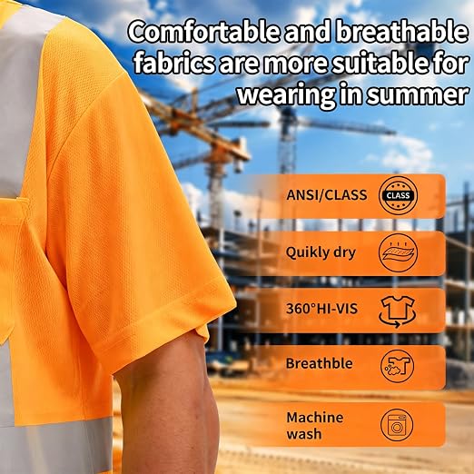 Hi Vis T Shirt Class 3 High Visibility Shirts for Men Safety Shirts with Reflective Strips and Pocket Breathable Construction Work Mesh Short Sleeve
