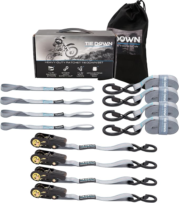 Tie Down 1 inch x 15 ft Grey Ratchet Strap, 4-Pack Kit - 1823 lbs. Breaking Load Limit