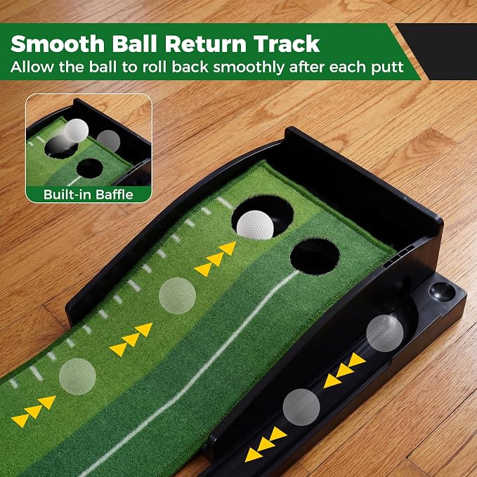 Tangkula Putting Green Indoor Golf Putting Mat with Auto Ball Return, 3 Putting Practice Balls, Alignment Markings, Non-Slip Base, Golf Training Aid for Home, Office & Outdoors