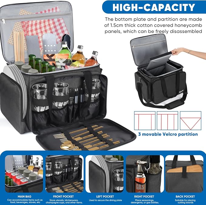 Multi-Purpose Picnic Gear Bag - Outdoor Camping Organizer Storage Bag for Cooking Utensils, Tableware, Gas Bottles, and Spices | Waterproof and Durable | 19.5x13.5x11.5 inches (Dark Gray)