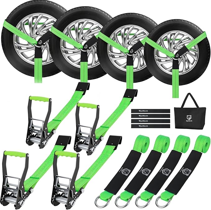4 Pack Car Tie Down Straps for Trailers, Tire Ratchet Strap with Flat Hooks, 2" x8' 10,000lbs Break Strength -T-Handle Car Hauler Tire Lasso Wheel Straps for Hauling UTV, Truck, SUV