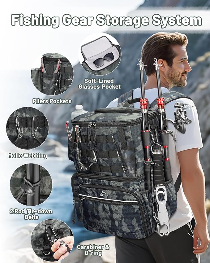 MATEIN Fishing Backpack with 4 Tackle Boxes, Fishing Bag with Rod Holder | 3600 Tackle Box 4 Pack, Water Resistant Tackle Backpack with Cooler Compartment, Safety Compass, Gifts for Fishermen