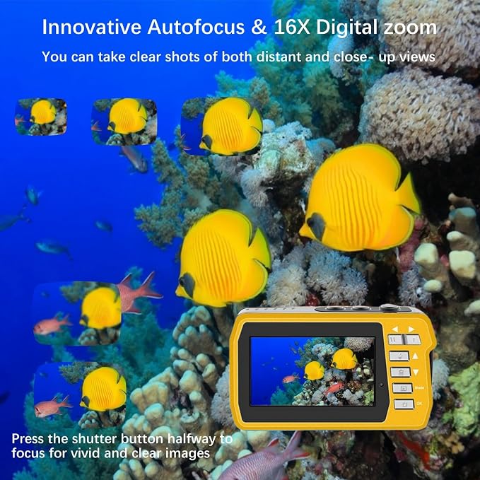 4K Underwater Camera, Full HD 4K&48MP Compact, 10FT Waterproof Camera for Snorkeling, Surfing, Rafting, Dual-Screen for Selfie/16X Digital Zoom/Fill Light/Support 128GB （Yellow）