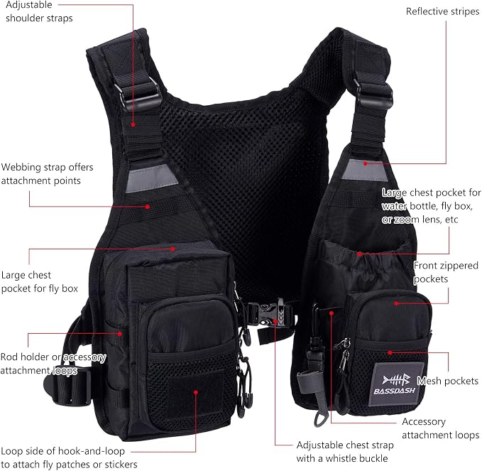 BASSDASH FV08 Ultra Lightweight Fly Fishing Vest for Men and Women Portable Chest Pack