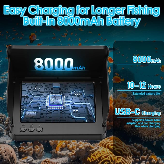 Underwater Fishing Camera with Monitor, Portable Fish Finder Camera 8000mAh Battery, 195° Wide Angle Ice Fishing Camera with Night Vision Fish Finder Camera for Boat Kayak Fishing