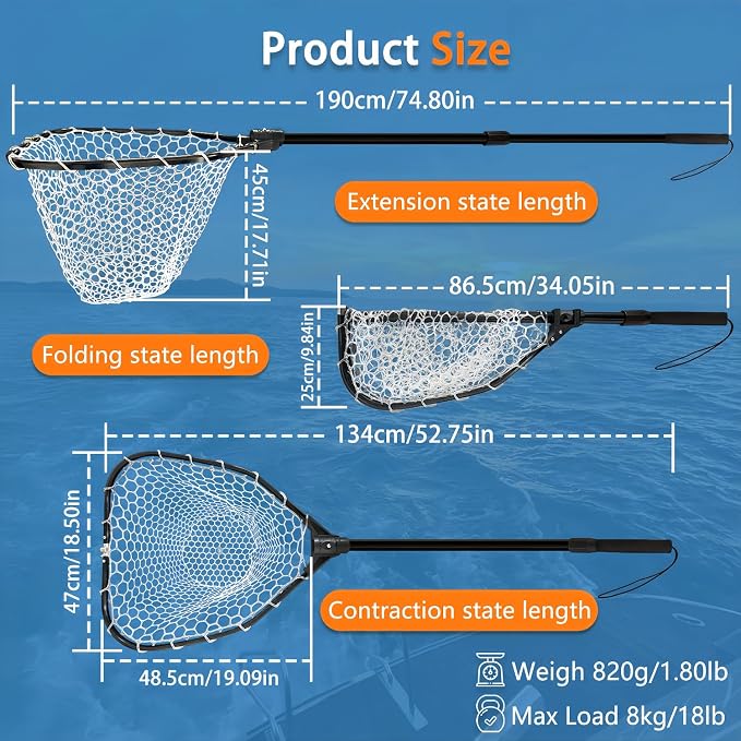 74.8in Fishing Net with Handle, Collapsible Foldable Landing Net Extendable with Aluminum Handle, Large Rubber Foldable