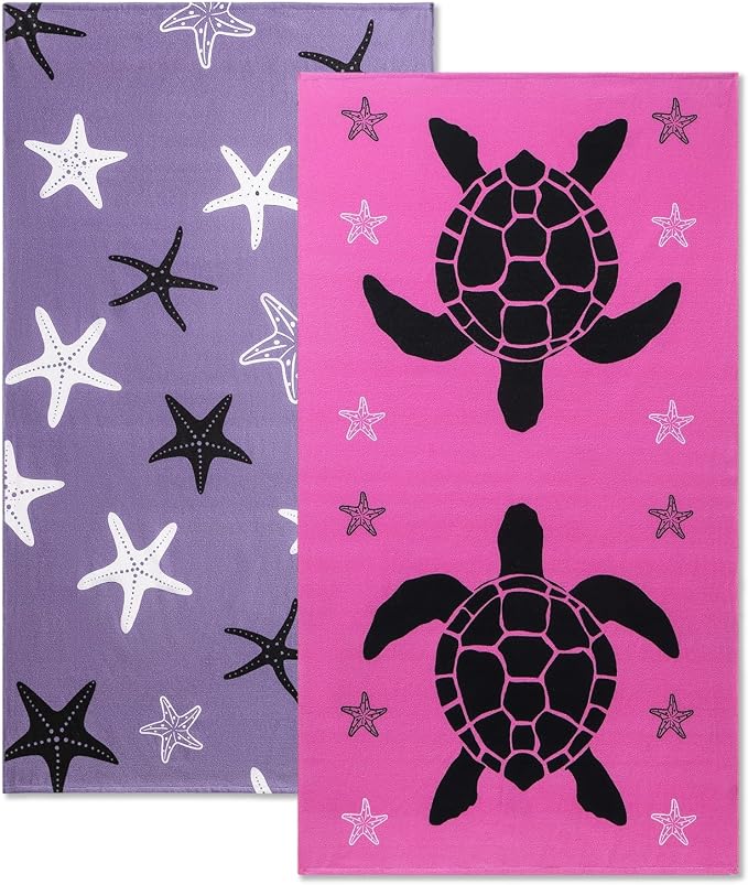 Oversized Beach Towels 4 Pack,40”x70” Microfiber Thin Large Beach Towel Set for Adults Travel Camping Swimming,Turtle Starfish Them Sand Free Quick Dry Lightweight XL Pool Towels -Purple & Rose Red