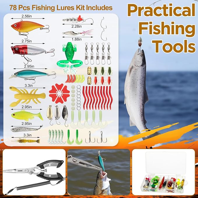 RoundFunny 85 Pcs Fishing Backpack with Tackle Boxes, Tackle Sling Bag with Rod Holder, Fish Lures and Pliers, Fish Tools Gears & Equipment Father's Day Fishing Gift for Dad Men