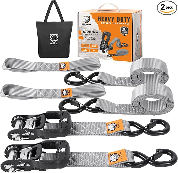 2 Pack Ratchet Straps,Heavy Duty Powersports Tie Downs Load Straps,5208lbs Break Strength 1.5in x 8ft with Safety S Hooks and Soft Loops for Motorcycle Truck Cargo Roof Rack,Break Strength, Grey
