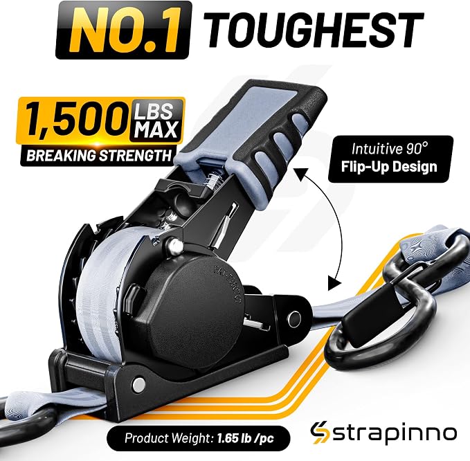 Strapinno Retractable Ratchet Straps (4-Pack), 1 in x 10 ft, 1,500LBS Break Strength, Most Durable Straps and Core, Auto Self Retracting Tie Downs for Truck, Moving, Motorcycle, Bike, Jetski, Kayak