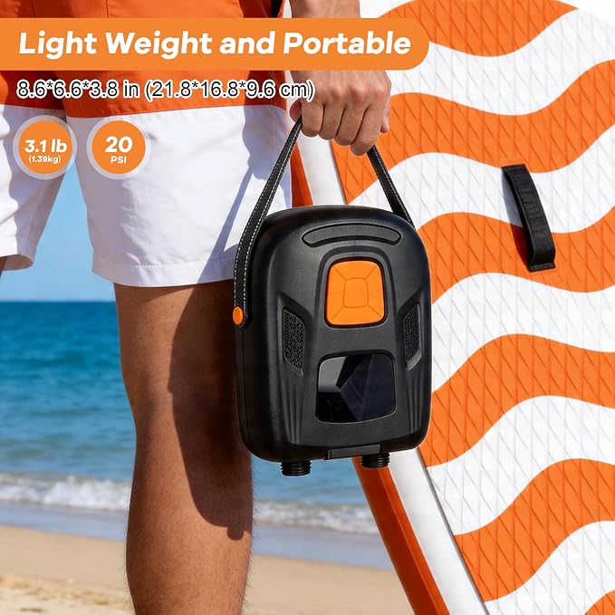 Electric Paddle Board Pump, Rechargeable 20 PSI SUP Pump for Paddleboard with Dual-Stage Inflation& Deflation, Portable Pump with LED Light & Auto-Off for Paddle Boards,Boats,Kayaks
