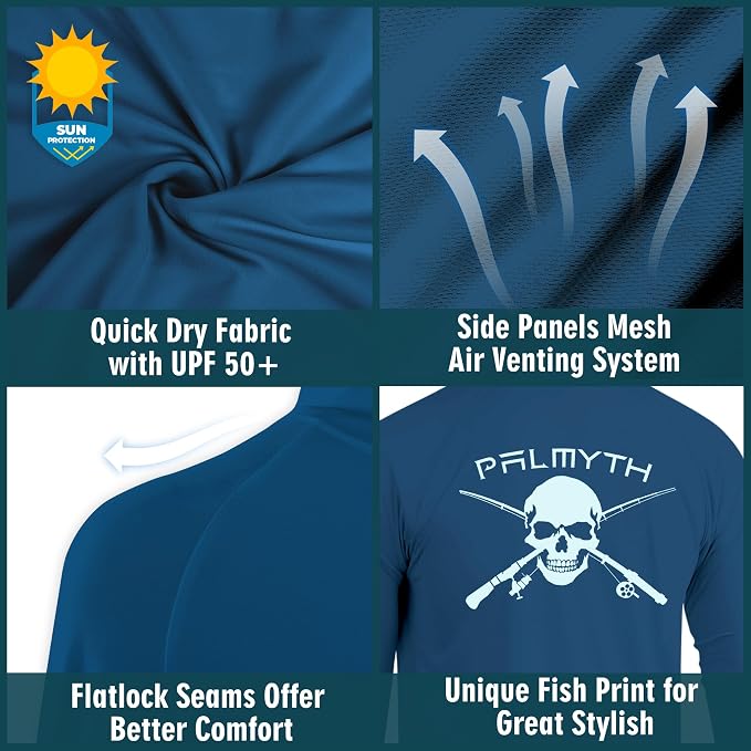 Palmyth Fishing Hoodie for Men Long Sleeve Sun Protection UV UPF 50+ Shirts | Hidden Zipper Pocket, Thumb Loops, Quick-Dry, Side Mesh Panels, Lens Cleaning Cloth, 4-Way Stretch