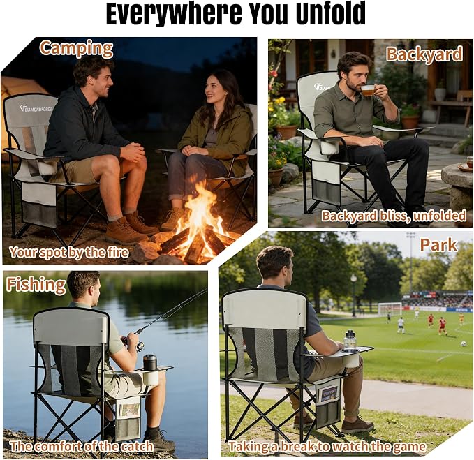 Camping Chair, 300 LBS High Back Breathable Mesh Lawn Chairs Folding (Gray) | Portable Outdoor Folding Camping Chair for Adults, with Cup Holder for Picnic, Lawn, Beach, Park, Fishing and Sports