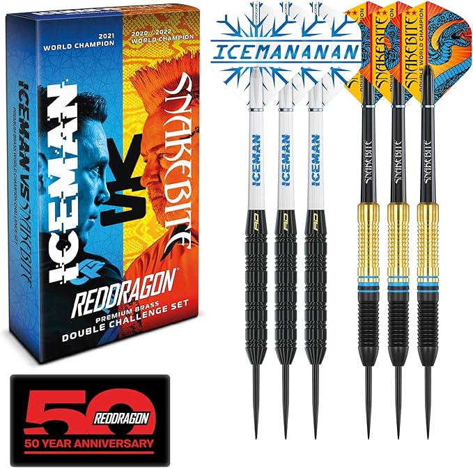 RED DRAGON Peter Wright vs Gerwyn Price Iceman Steel Tip Darts Set - ‎21g & 22g Brass Barrels for Controlled Accuracy & Grip, Flights, Shafts, Case & Checkout Card Included