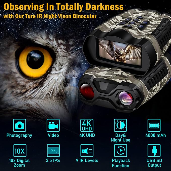 WISHBETY Night Vision Goggles,4K Night Vision Binoculars for Adult with 3.5" HD Screen,32GB TF Card for Photo and Video,9 Gear Infrared and 10X Digital Zoom for Outdoor Enthusiasts and Animal Watchers