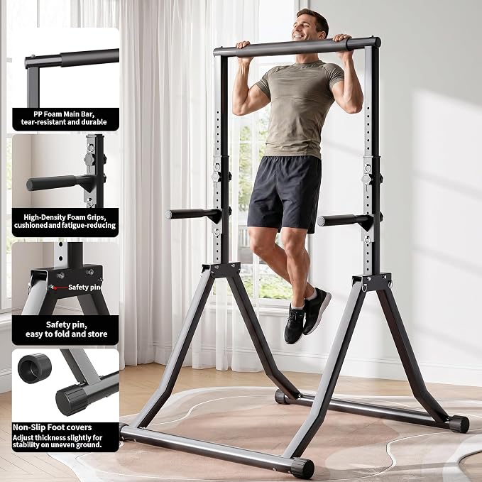 Foldable Power Tower Dip Station for Pull Ups, 66.1"-84.6" 12 Level 700 LBS, Adjustable Dip Handles & Assistance Bands Foldable Home Gym Equipment