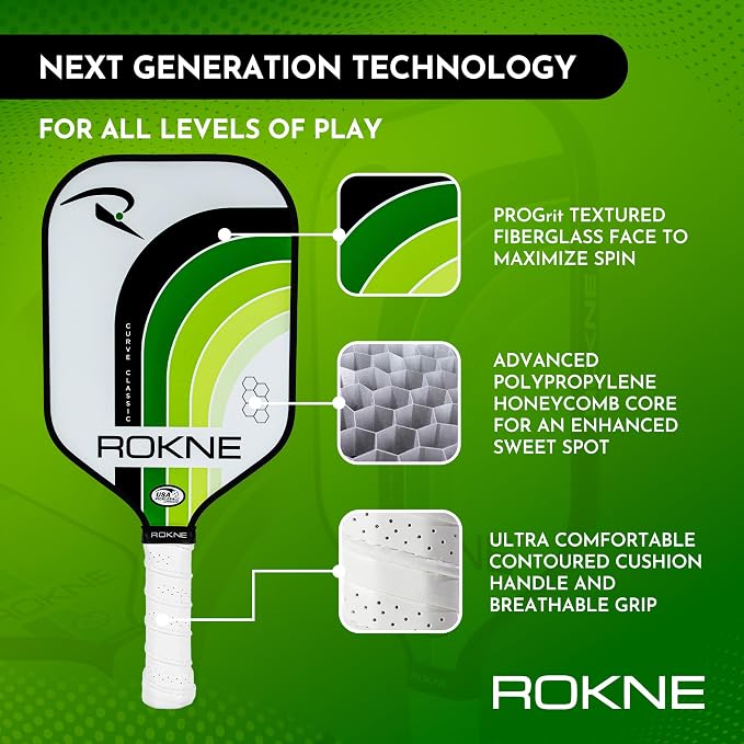 ROKNE Curve Classic Pickleball Paddle | USAPA Approved Fiberglass Pickleball Paddles | Precision Engineering & Comfort | ProGrit Texture for Max Spin & Power | Paddle