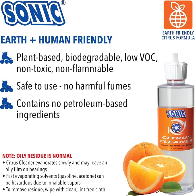 SONIC Citrus Skate Bearing Cleaner, Cleans Inline Skate, Roller Skate and Skateboard Bearings, Earth friendly, 8 oz, Made in USA, 1 pack