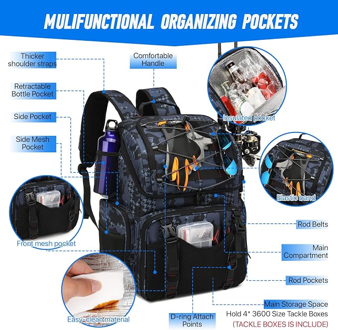 RUCYEN Fishing Backpack, 45L Large Cooler Fishing Tackle bag with Rod Holders & Rain Cover, Water-resistant Store Gear(With 4 Tackle Boxes)