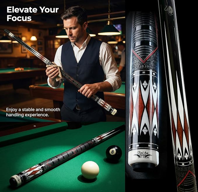 Tai ba cues 2-Piece Pool Stick with 1x1 Case, PU Rubber Grip, 13mm Multilayer Leather Tip, 58", Hardwood Canadian Maple Professional Billiard Pool Cue Stick 19-21 Oz