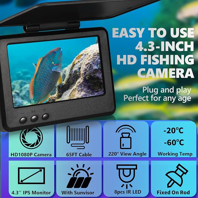 𝟮𝟬𝟮𝟲 𝗡𝗘𝗪 Underwater Fishing Camera HD1080P 4.3'' IPS w/ 5000mAh, [30°~150° Angle Fin] Ice Fishing Camera Underwater Portable Fish Finder Fishing Gift for Men, IR, Boat and Kayak Fishing, 65FT