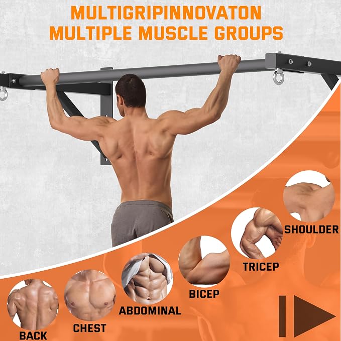 Pull Up Bar Wall Mounted, Heavy Duty 650 lbs Capacity Chin Up Bar, 48" Multi-Grip Strength Training Pull-up Bars, for Home Gym Garage/Backyard Total Body Workout, Ease Of Use Mounting