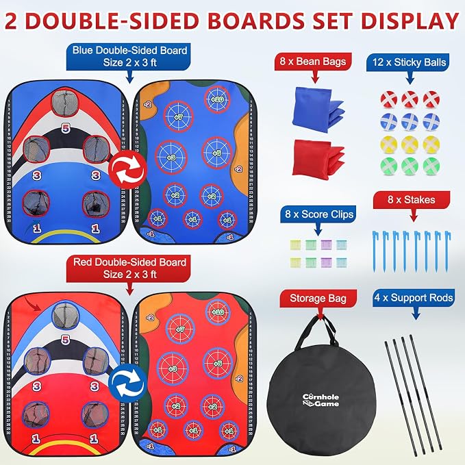 Collapsible Cornhole Board Set, AYAMAYA 2 x 3ft Portable Double Sided Corn Hole Games & Golf Game, Camping Games with 8 Bean Bags & 12 Sticky Balls for Outdoor Beach Lawn Yard Family Party Toys