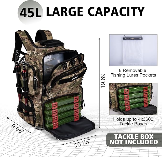 Goture Fishing Backpack,900D Water-Resistant Tackle Backpack with Rod Holders, SBS Zippers,45L Large Fishing Bag Storage Gear Tackle Bag with Rain Cover, Bottle Holder for Travel Camping Hiking