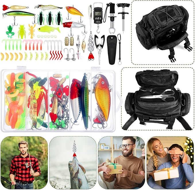 Sosation 482 Pcs Gifts for Men Fishing Gear Equipment Sling Tackle Bag for Father Day Lightweight Fishing Backpack Tackle Box Included Fish Hook Remover Tool Lures Lip Gripper(Black)