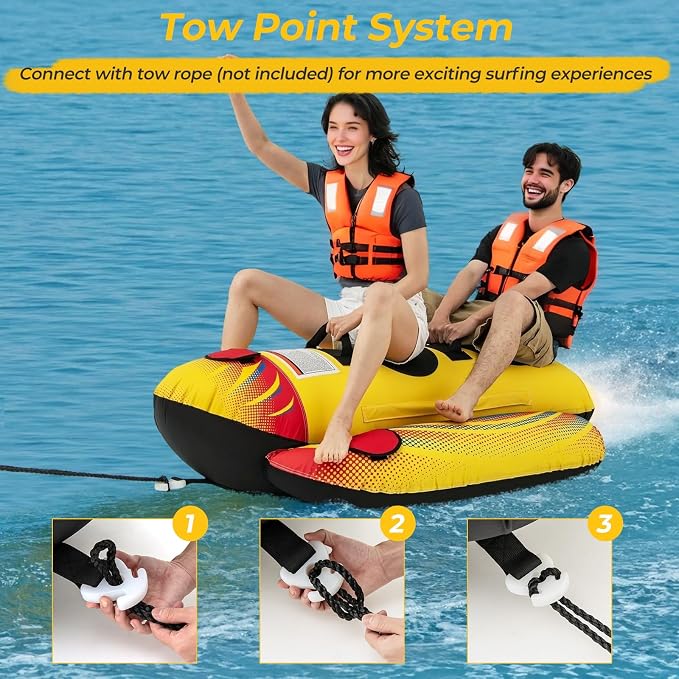 Towable Tubes for Boating, Inflatable Hot Dog Water Tube for Boat to Pull, Water Sports Banana Boat Tubes and Towables w/Double Stitched Nylon Cover, Padded Seat, Easy Grip Handles