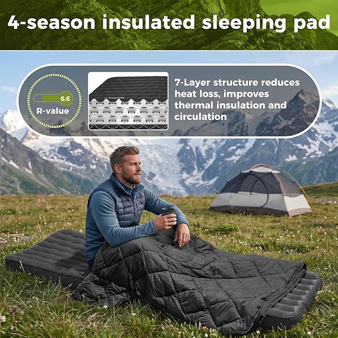 ATEPA ThermAir Pro Insulated Sleeping Pad for Backpacking, 6.6 R-Value 4” Thick Ultralight Quiet Camping Air Mattress with Pump Sack, Wide Long 77”x25”, 4-Season Sleeping Mat for Hiking Travel, Black