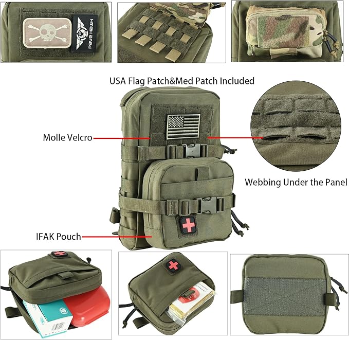 Tactical Mini Molle Hydration Pack,Molle Hydration Carrier with IFAK Pouch&US Flag&Med Patch,Hydropack for 2L Water Bladder